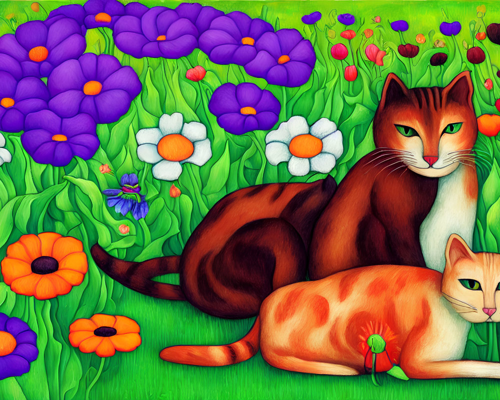 Vibrant colorful cats in lush garden with vivid flowers