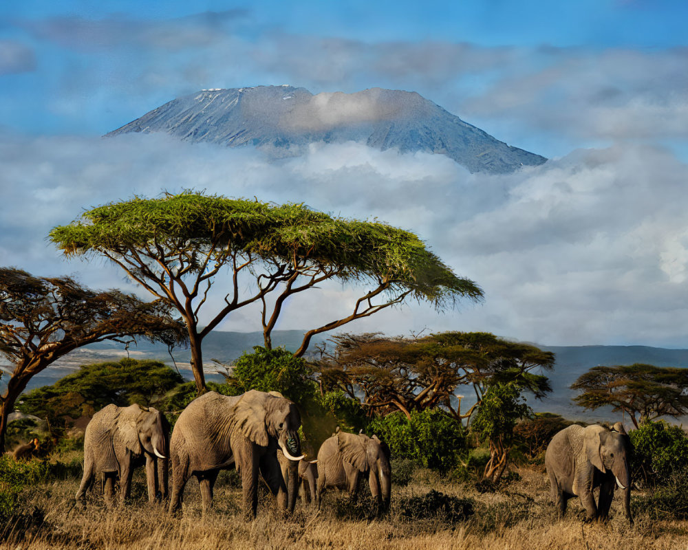 Elephants under acacia trees with Mount Kilimanjaro in mist.