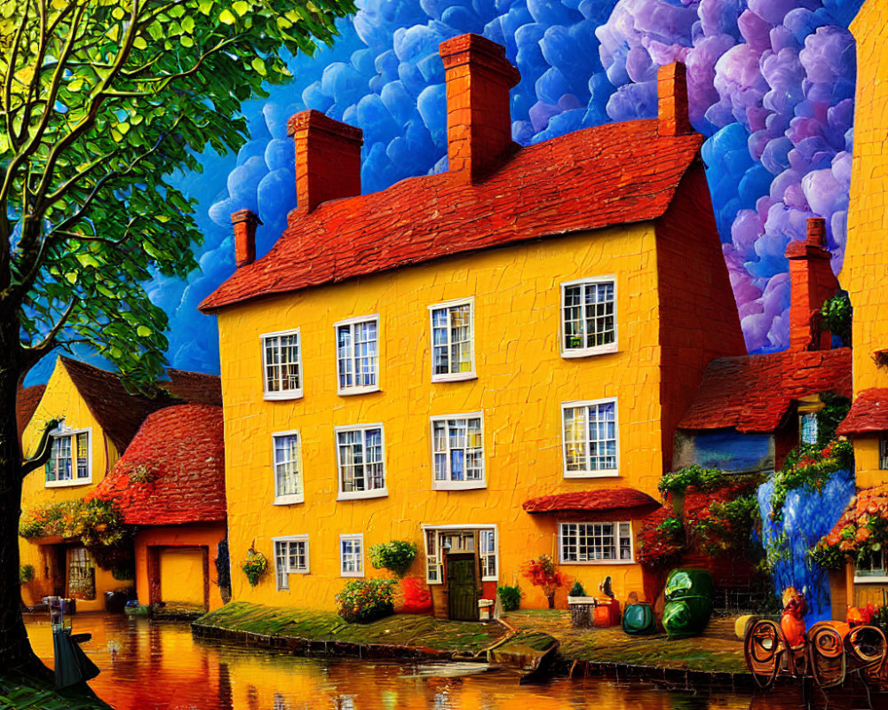 Surreal yellow cottage with red roof near calm river
