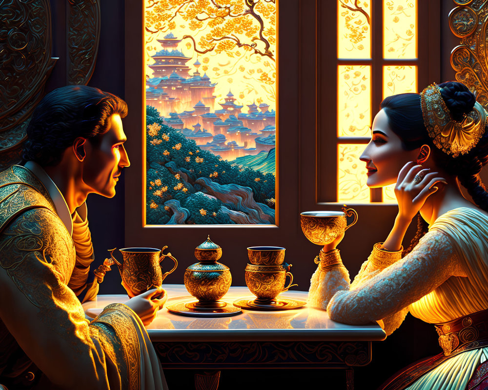 Illustration of man and woman in ornate attire having tea by window in enchanted landscape