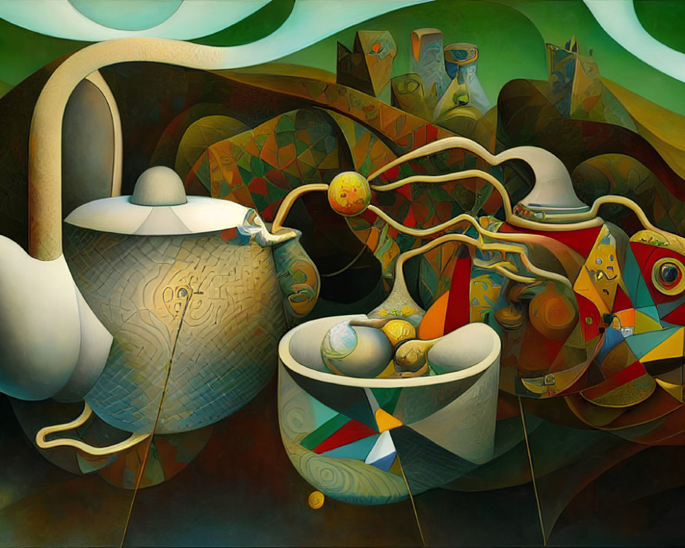 Surrealist Artwork: Distorted Teapot and Cups in Dreamlike Landscape