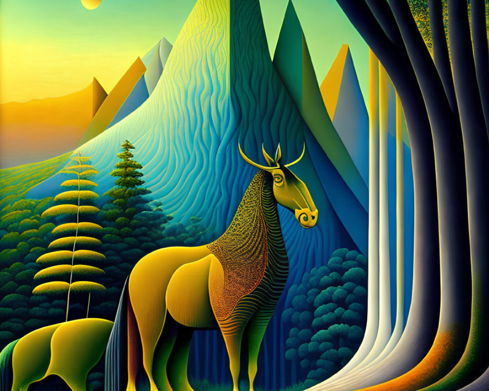 Surreal landscape with stylized deer, reflective lake, towering trees, wavy mountains, warm