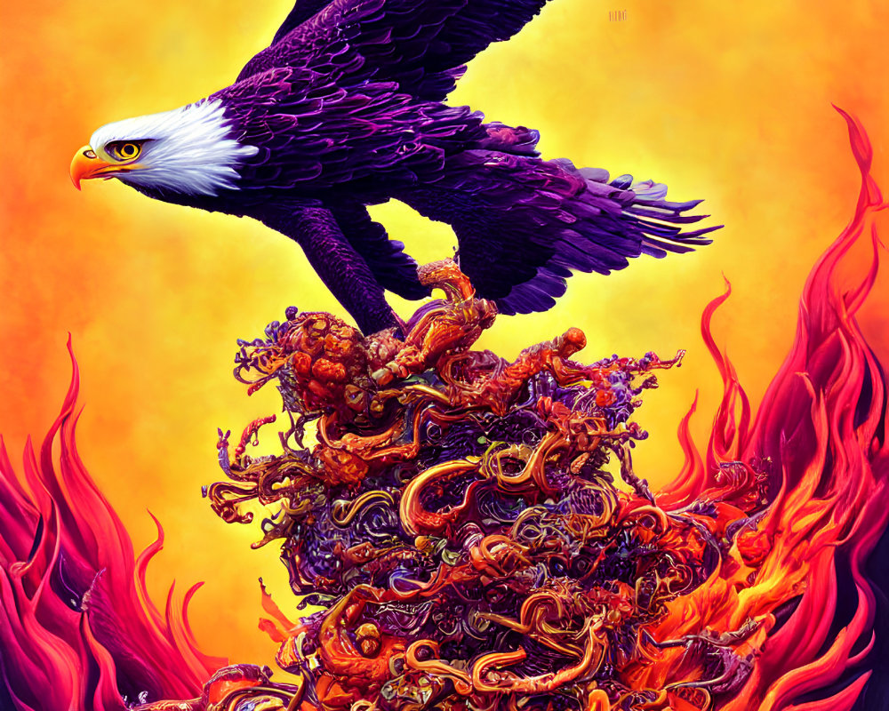 Majestic bald eagle flying over fiery column on yellow background