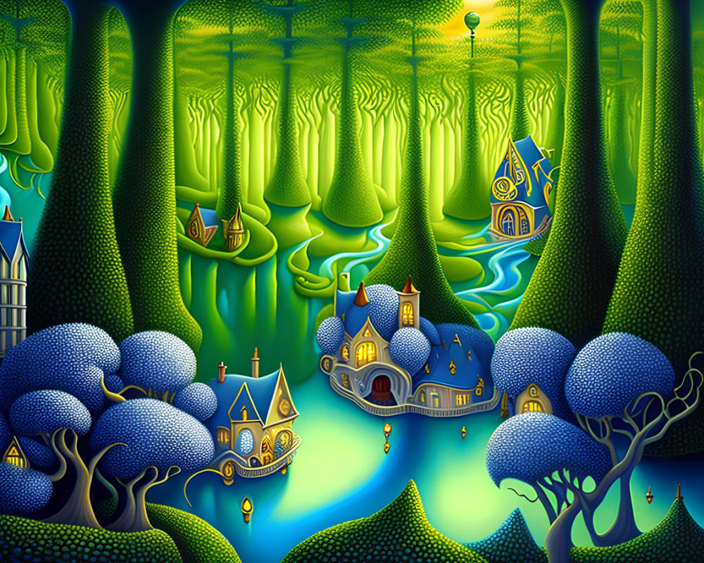 Vibrant blue trees, green hills, and fantastical houses in whimsical landscape