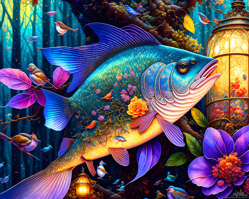 Colorful Fantastical Fish Surrounded by Birds, Flowers, and Lantern in Whimsical Forest