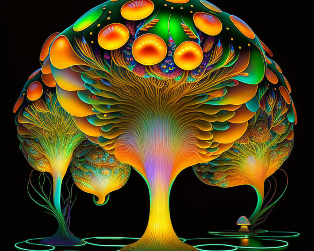 Colorful Psychedelic Tree Artwork with Rainbow Hues on Black Background