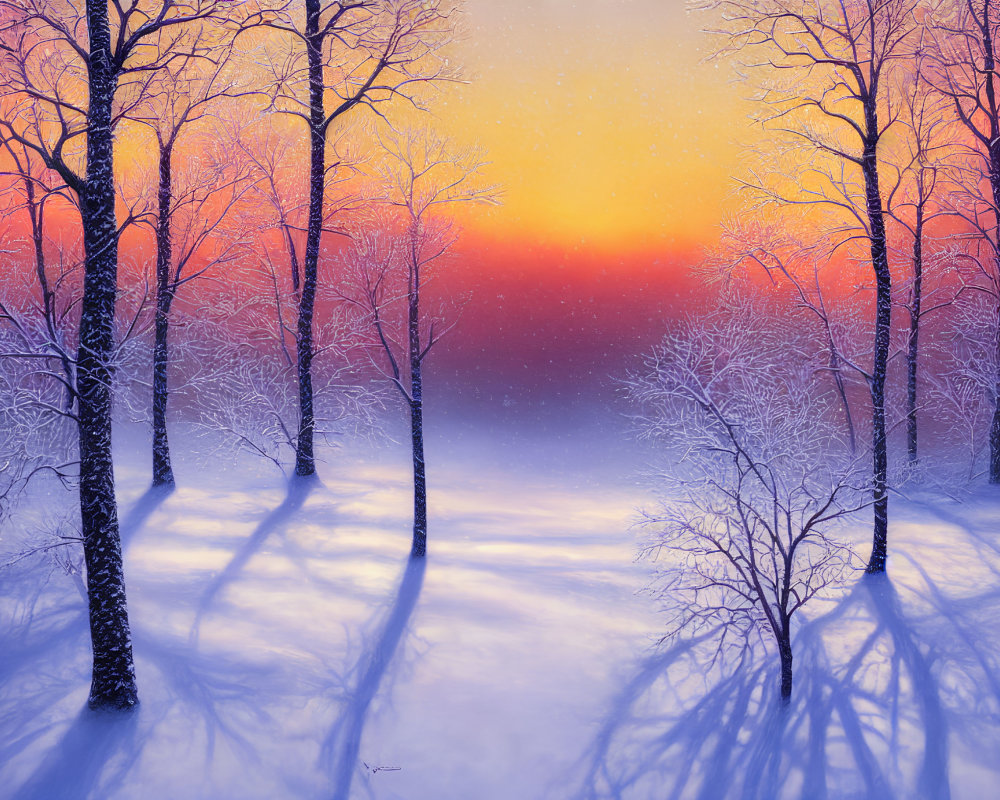 Snow-covered trees in vibrant sunset sky over tranquil winter forest