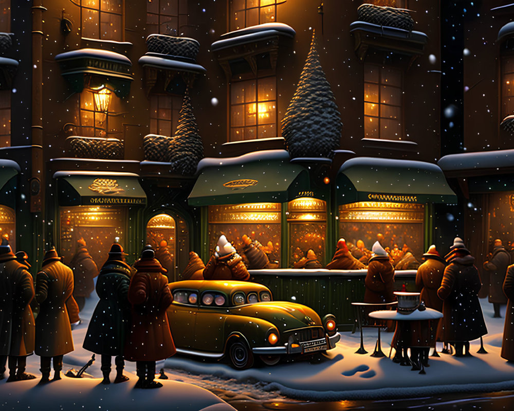 Vintage Street Scene at Night: People in Coats, Shop Windows, Classic Car, Falling Snow