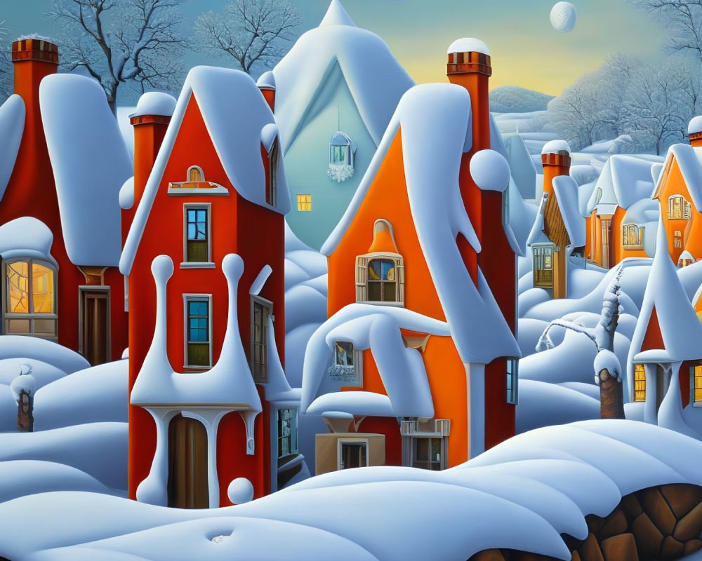 Vibrant orange houses in snowy winter twilight
