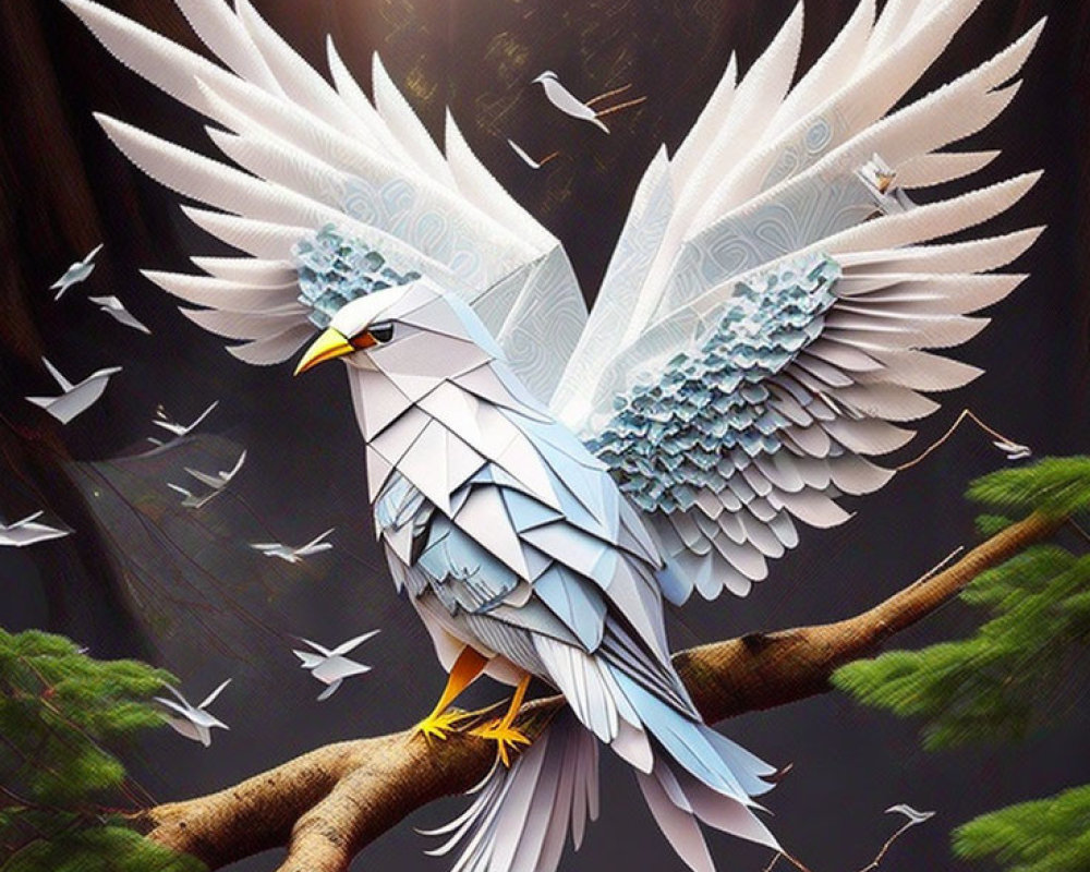 Stylized digital artwork of a white and gray eagle with geometric wings perched on a tree branch