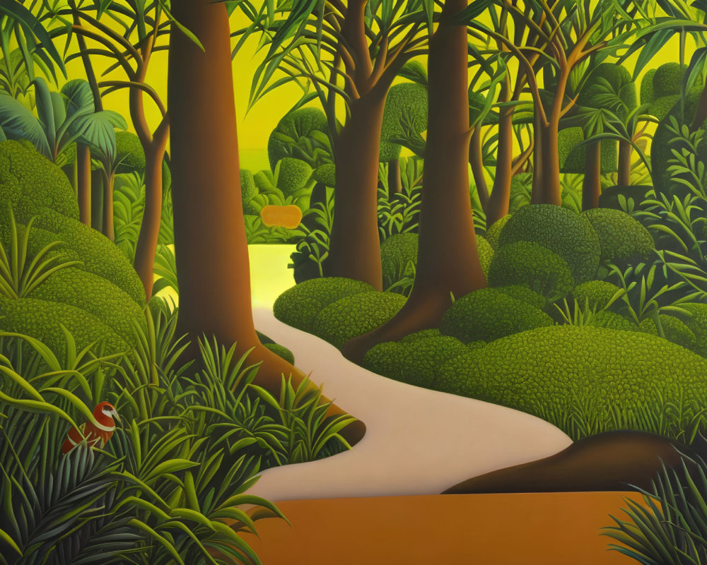Stylized painting of lush forest with winding path & oversized leaves