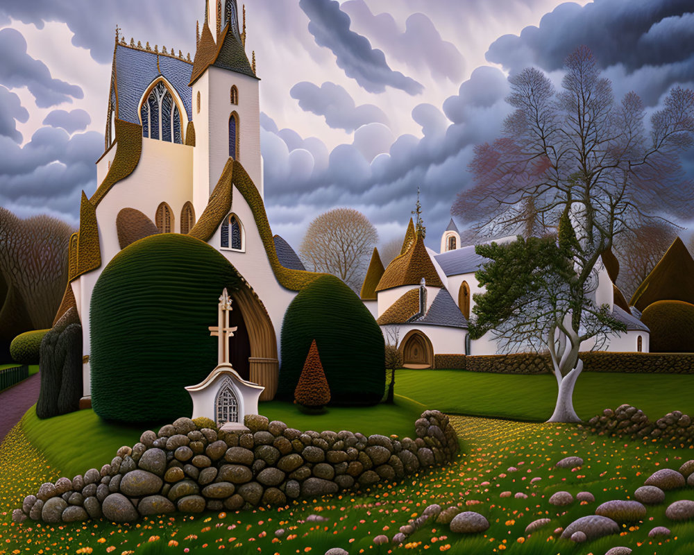 Whimsical storybook-style church with manicured topiary under dramatic sky