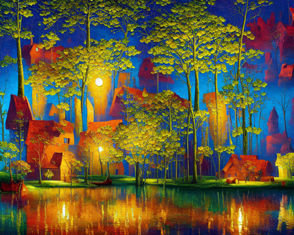 Colorful forest painting with houses, water reflections, and moon