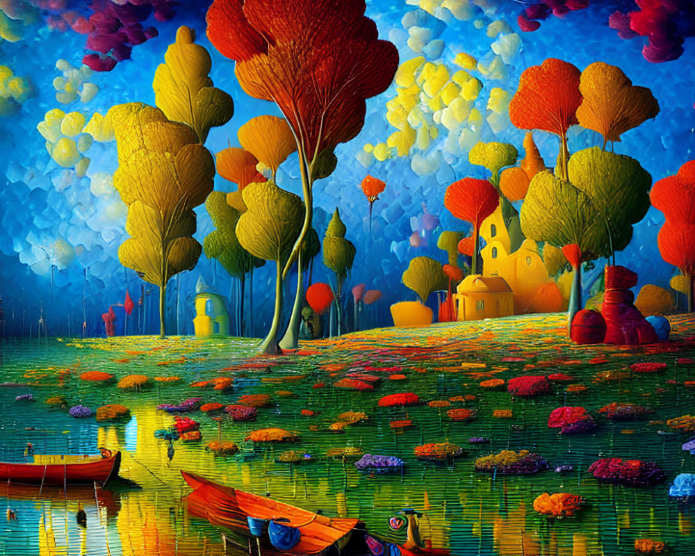 Colorful surreal landscape with multicolored trees, lily pads, red boat, and whimsical