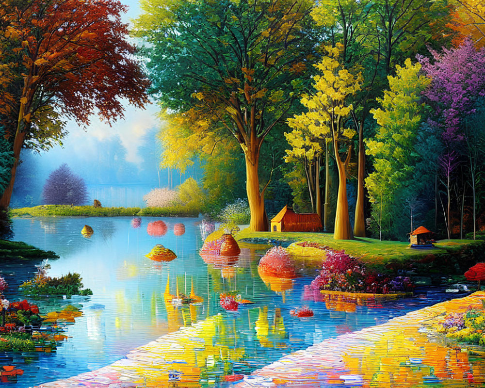 Colorful Painting: Tranquil Lake, Vibrant Trees, Cabin, Blossoms