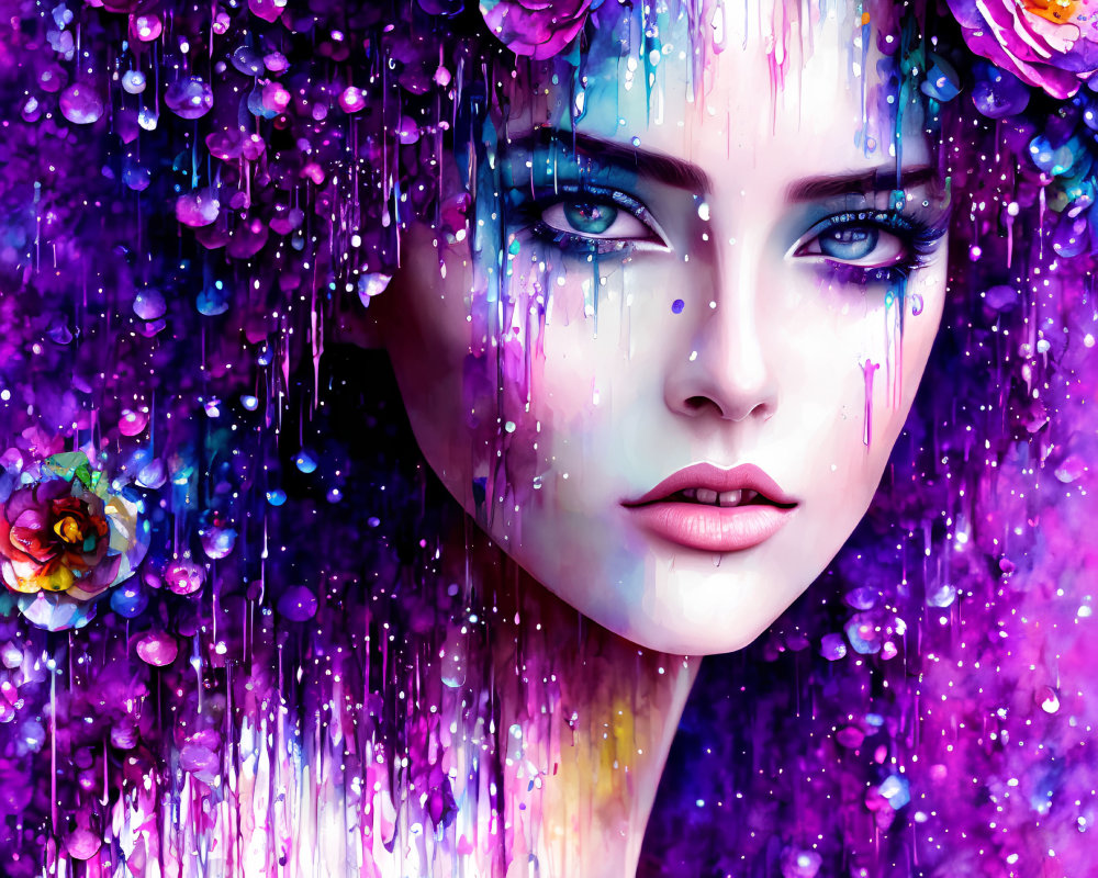 Colorful digital artwork: Woman's face with blue eyes and floral hair, set in vibrant paint background