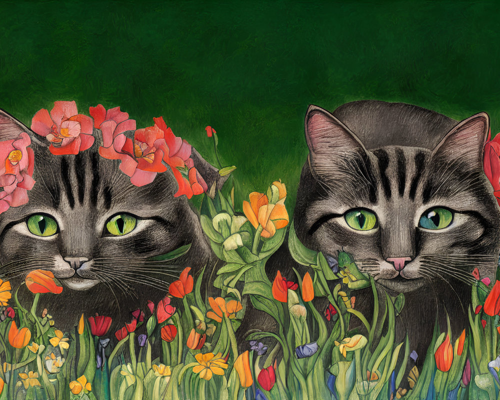 Illustrated Tabby Cats with Green Eyes in Colorful Flower Setting