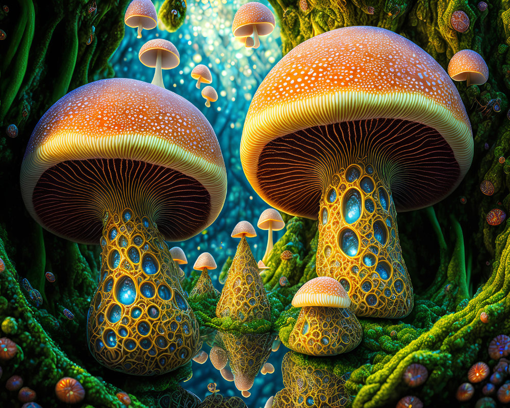 Colorful Fantasy Mushrooms Among Mossy Vegetation in Enchanting Forest