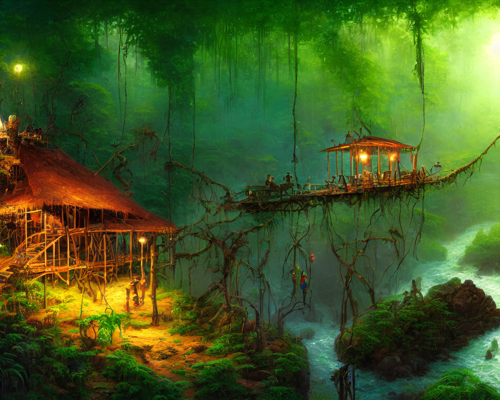 Mystical treehouse village in enchanting forest landscape
