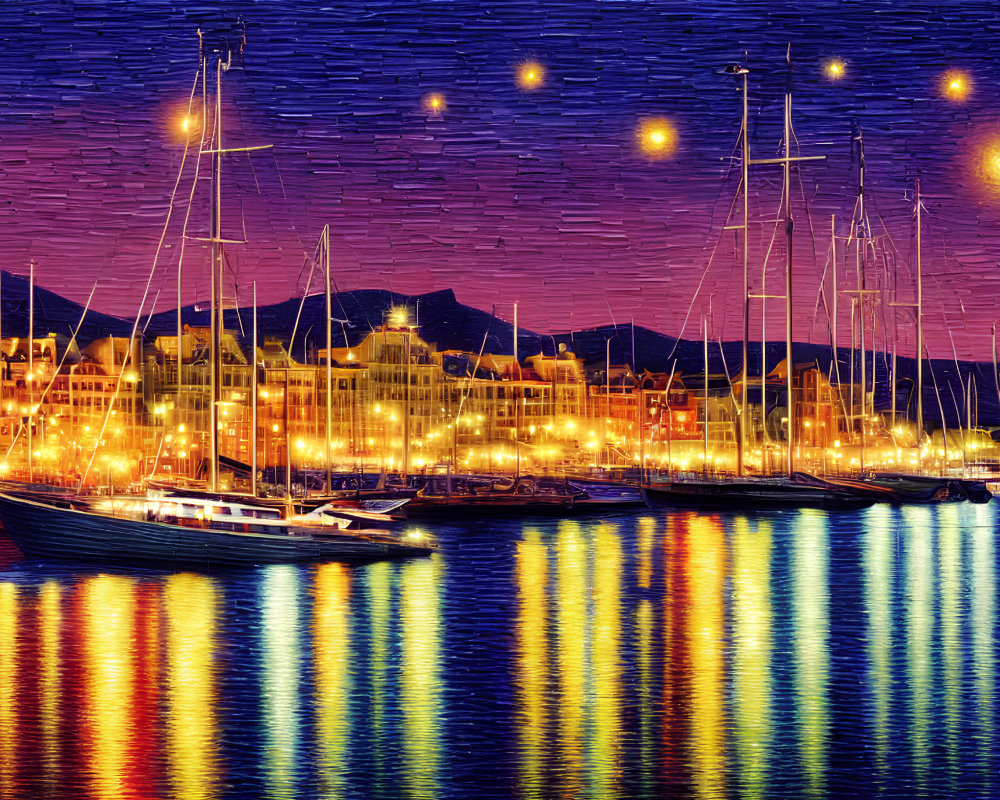Twilight marina with illuminated boats under starry sky