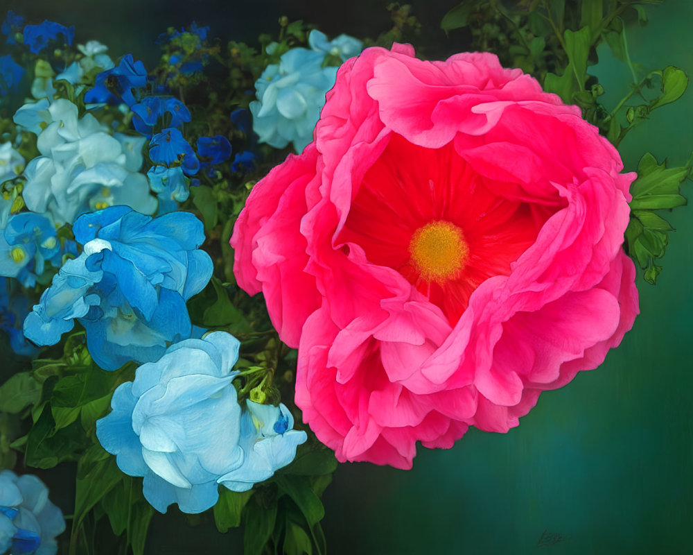 Vibrant Pink Flower Among Blue and White Blooms on Green Background