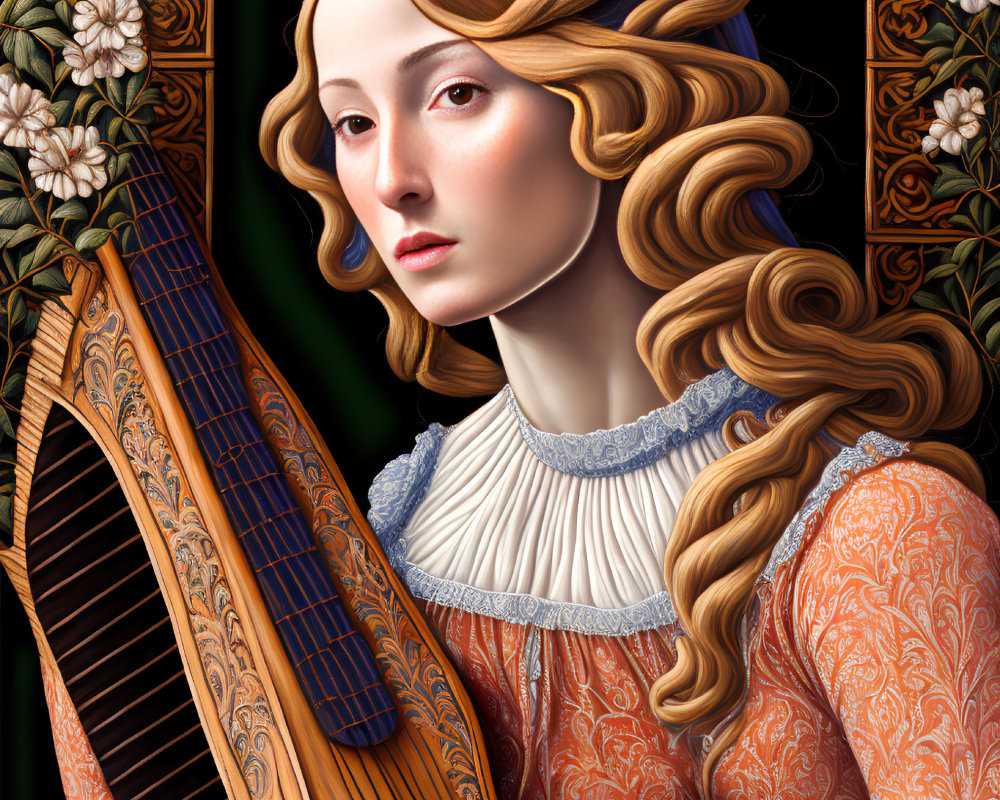 Renaissance painting of woman playing harp in floral dress