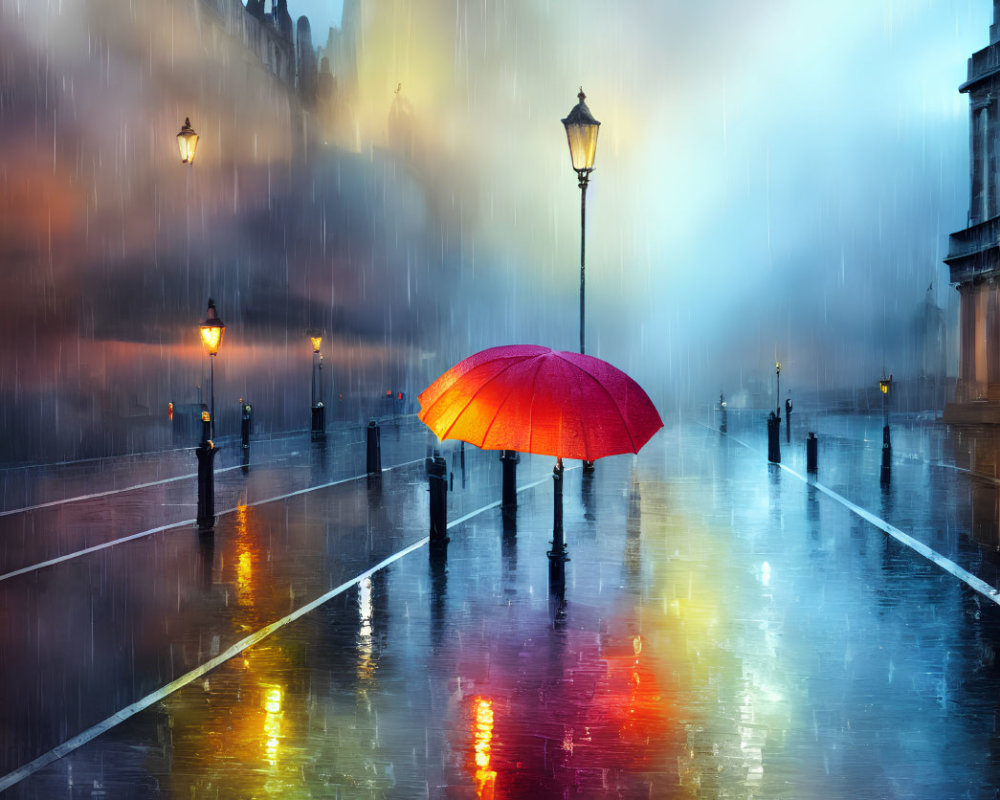 Vibrant red umbrella on rain-soaked street with reflections and street lamps