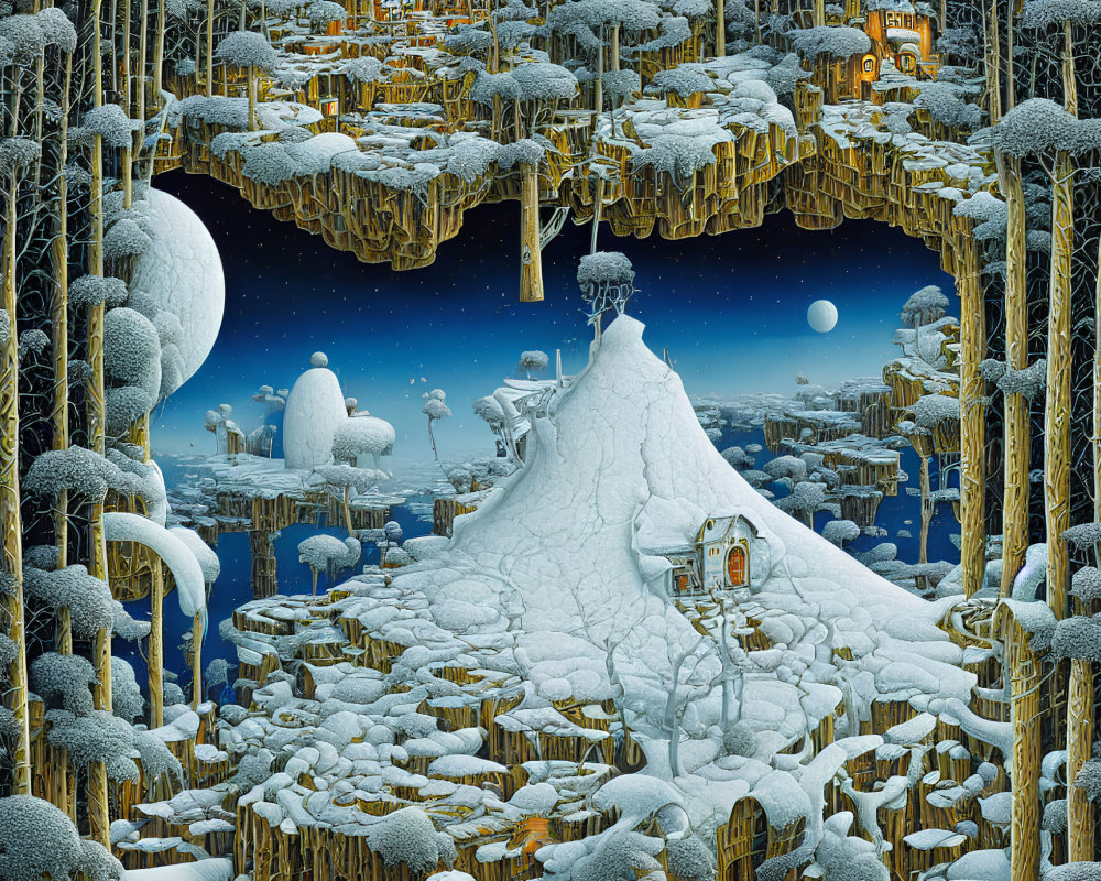 Snow-covered mountain in surreal winter landscape surrounded by intricate trees and buildings under multiple moons