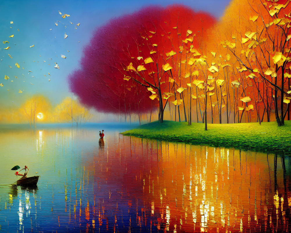 Autumn landscape: red trees, golden leaves, blue lake, boat, colorful reflections