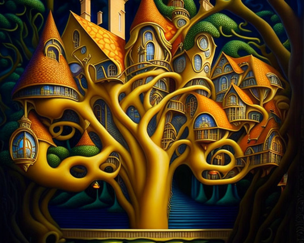 Surreal tree illustration with houses, warm colors