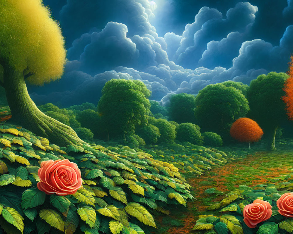 Colorful landscape with lush trees, oversized roses, and dramatic sky