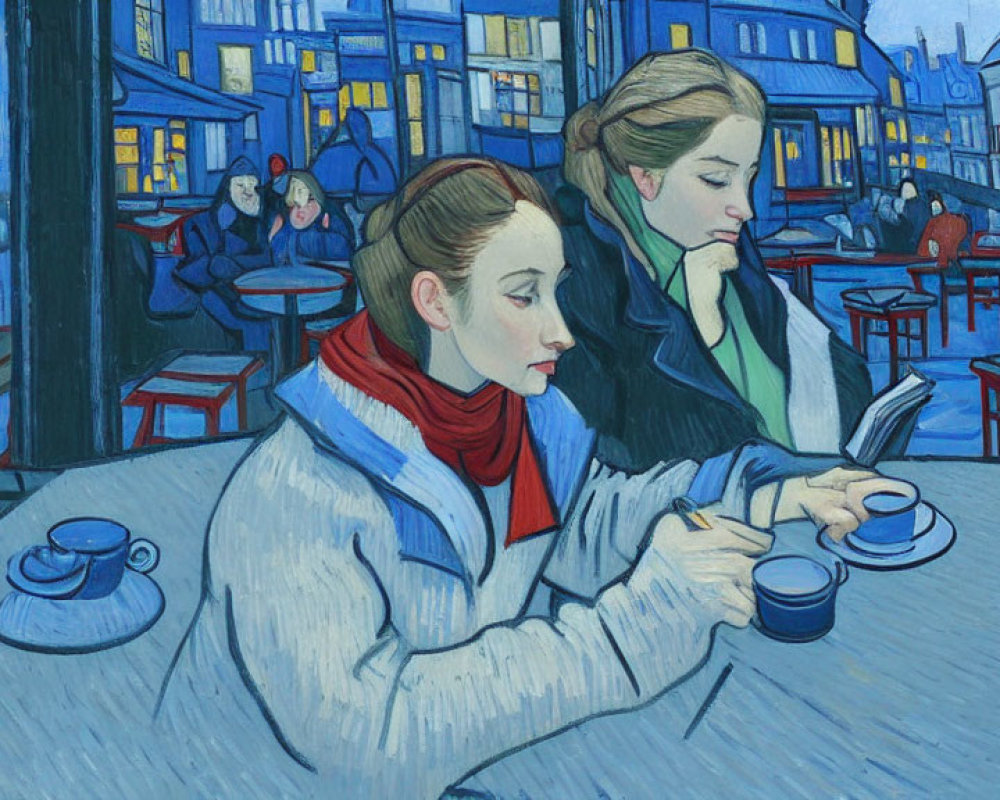 People reading at café table amid Van Gogh-style cityscape