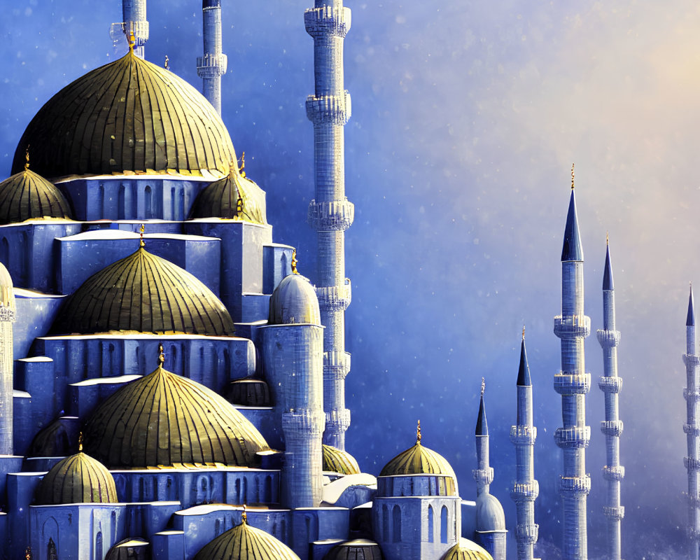 Snow-covered mosque with domes and minarets under falling snowflakes