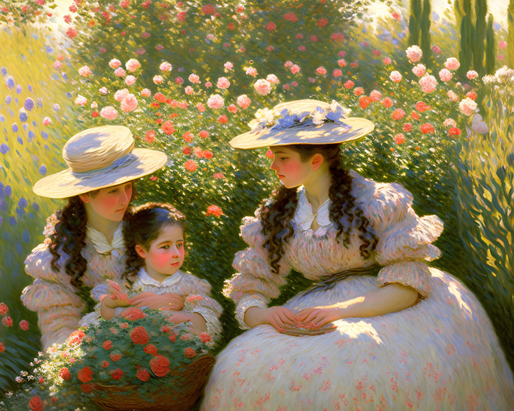Vintage dresses and wide-brimmed hats among vibrant flowers in warm sunlight