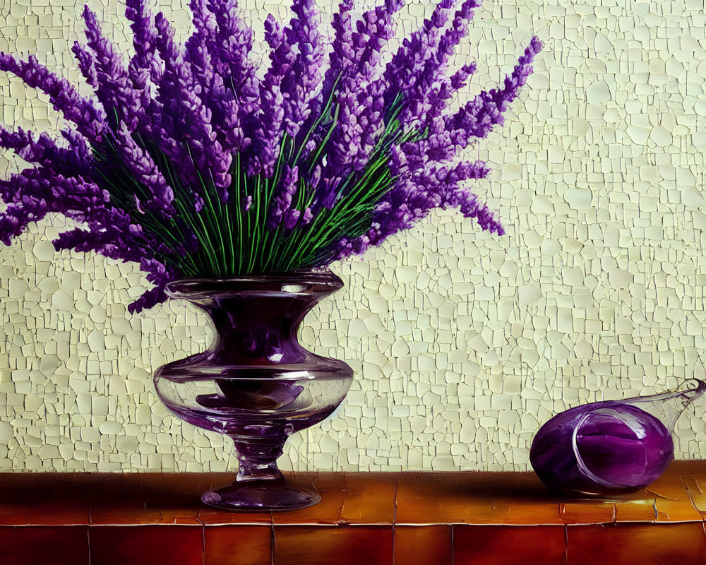 Purple lavender flowers and glass ornament on wooden surface against cream wall.
