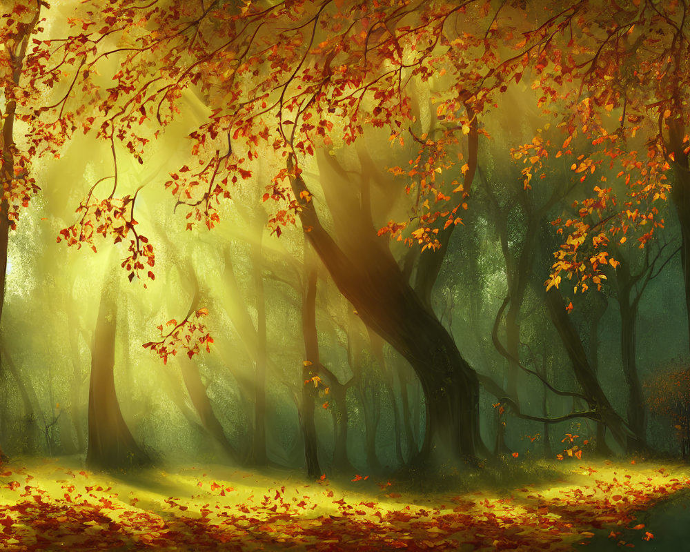 Golden Leaves and Mist: Enchanting Autumn Forest Scene