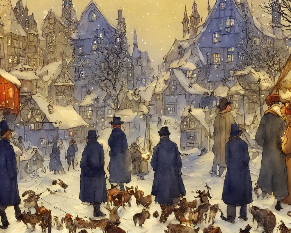 Winter street scene with people in warm clothes and dogs, surrounded by glowing houses