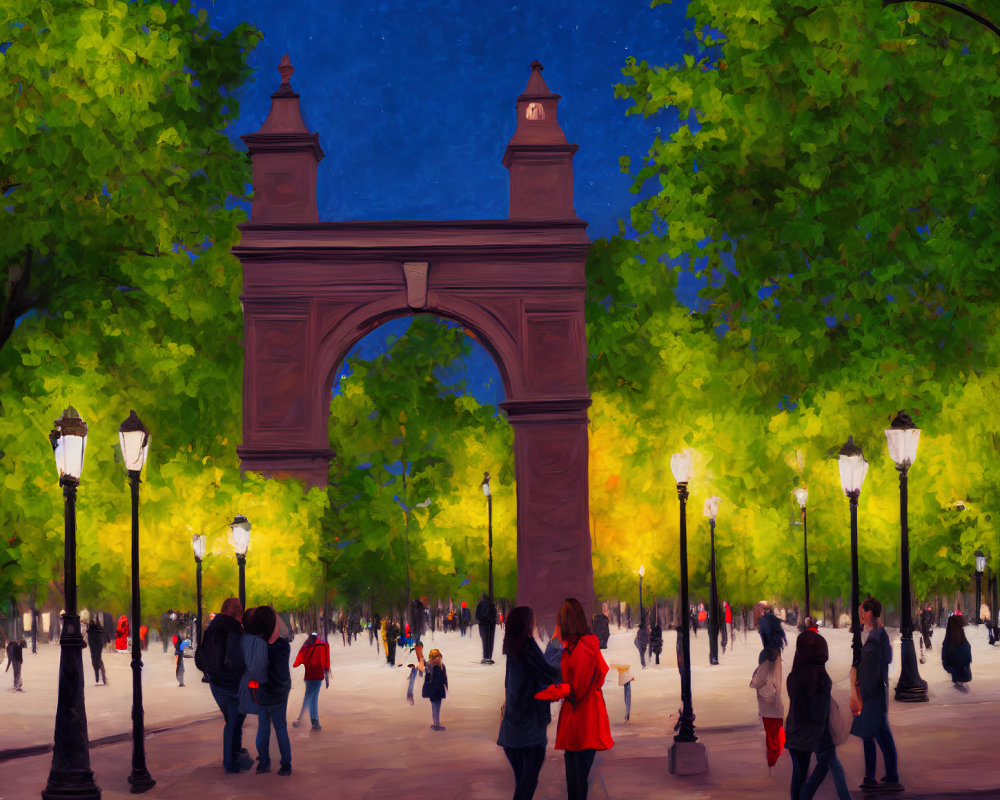Colorful painting of people in park with green trees, arch, and street lamps