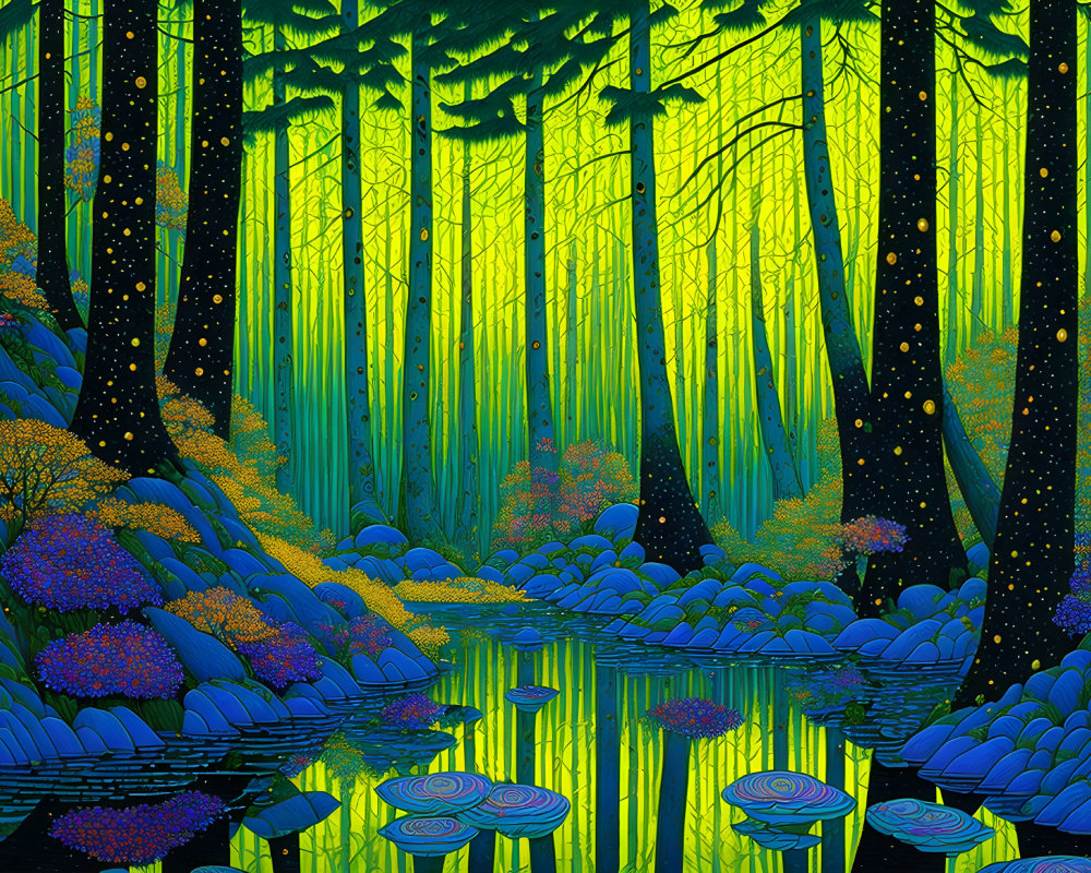 Mystical forest with tall trees, pond, and purple flowers under starry sky