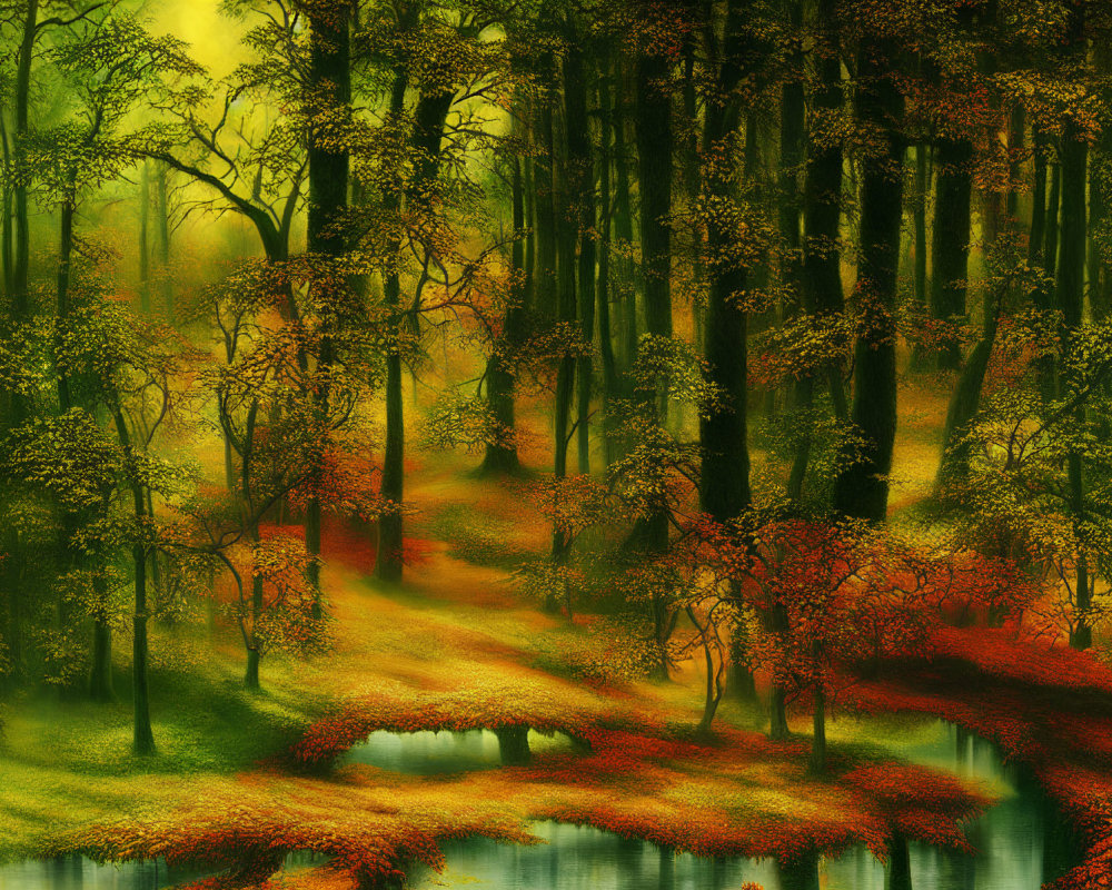 Colorful Autumn Forest Scene with Pond and Sunlight