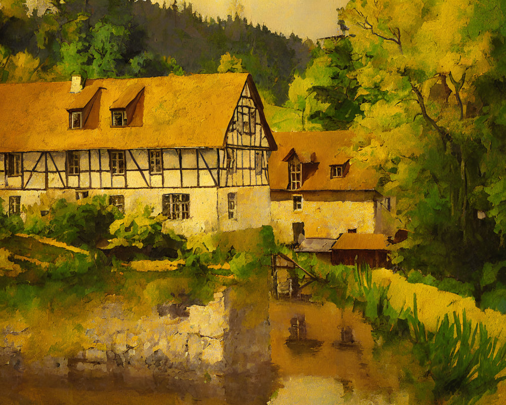 Half-Timbered House in Green Forest with Water Reflections