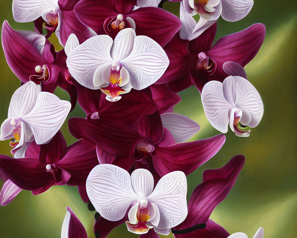 Vertical arrangement of white and magenta orchids on green and yellow backdrop