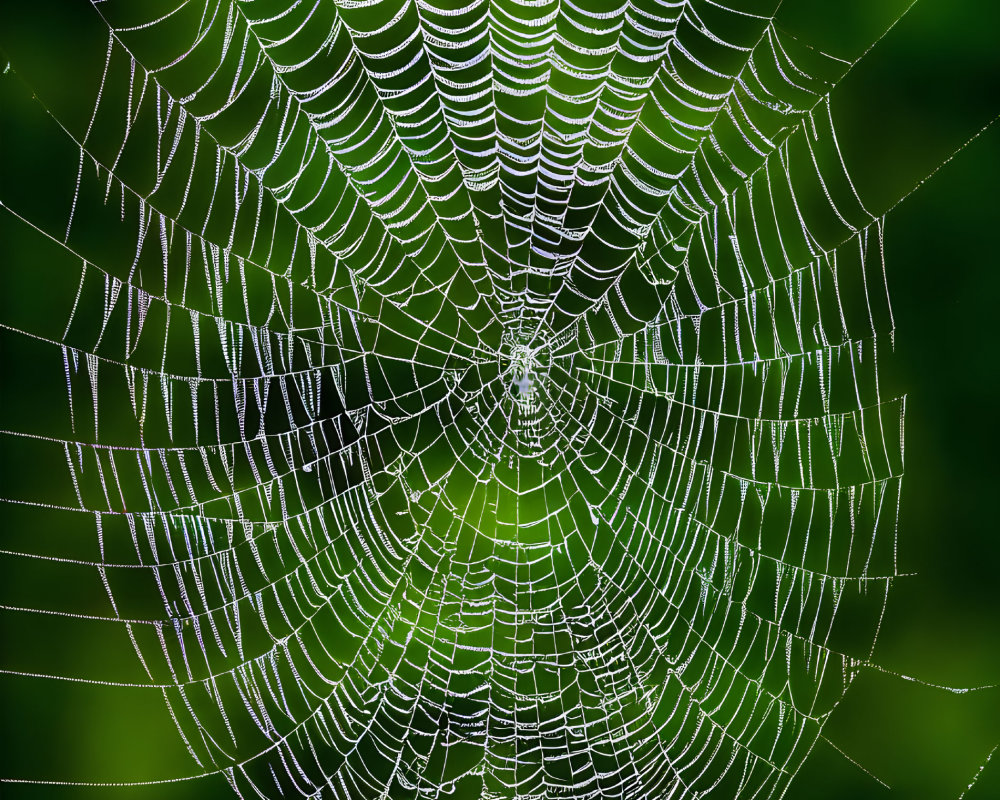 Dew-Covered Spiderweb on Blurred Green Background