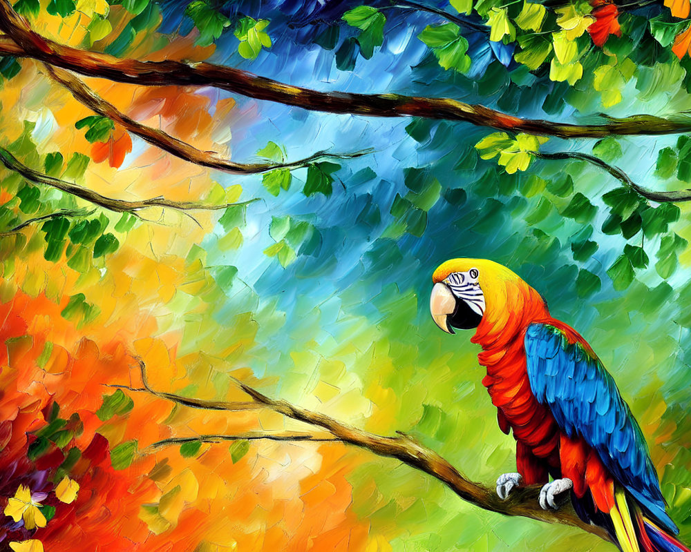 Colorful Parrot Perched on Branch Amid Abstract Foliage