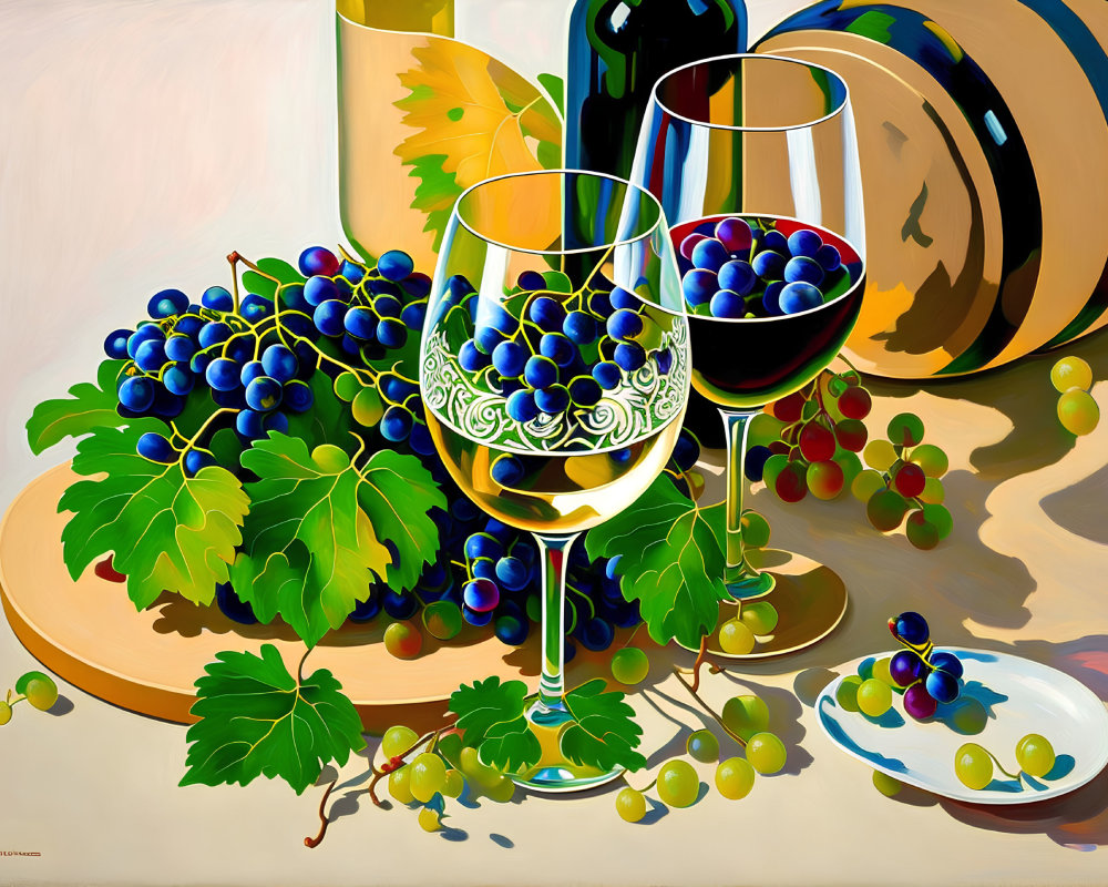 Colorful Still-Life Painting with Wine Barrel, Glasses, Grapes, and Bottle