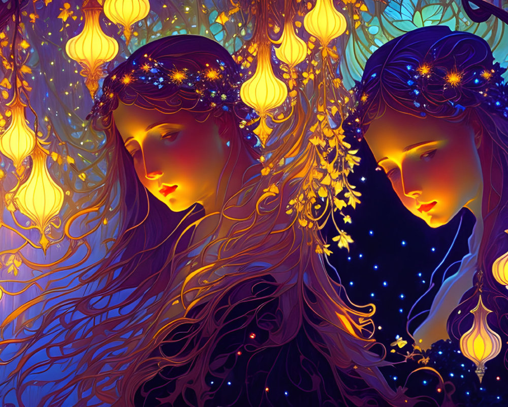 Ethereal female figures with glowing crowns in luminous floral setting