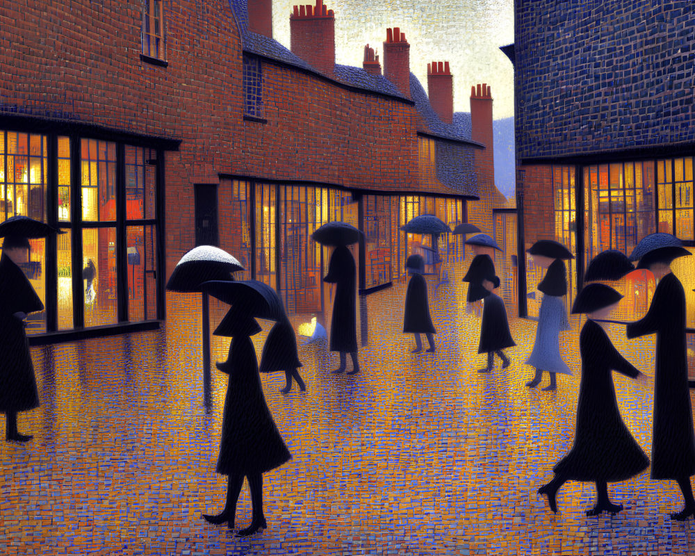 Silhouetted figures with umbrellas on rain-slicked cobblestone street.
