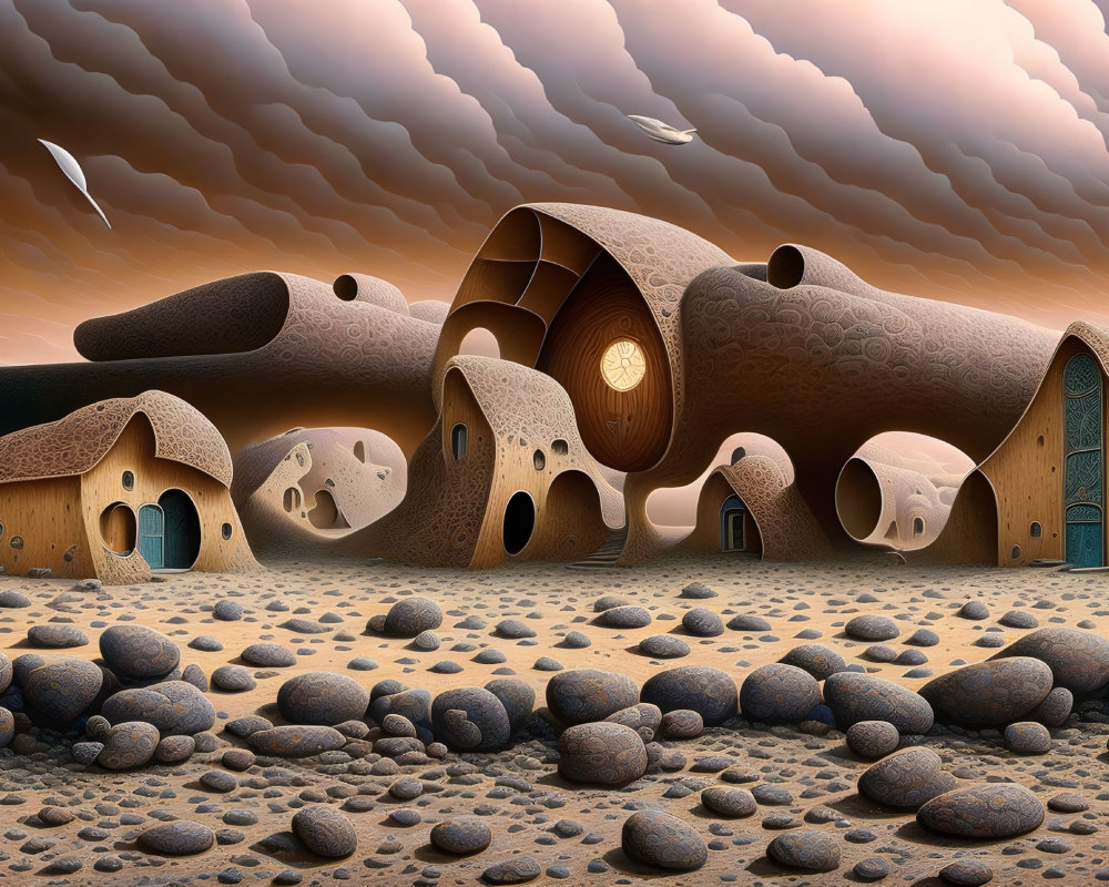 Whimsical surreal artwork: organic-shaped houses on desert landscape