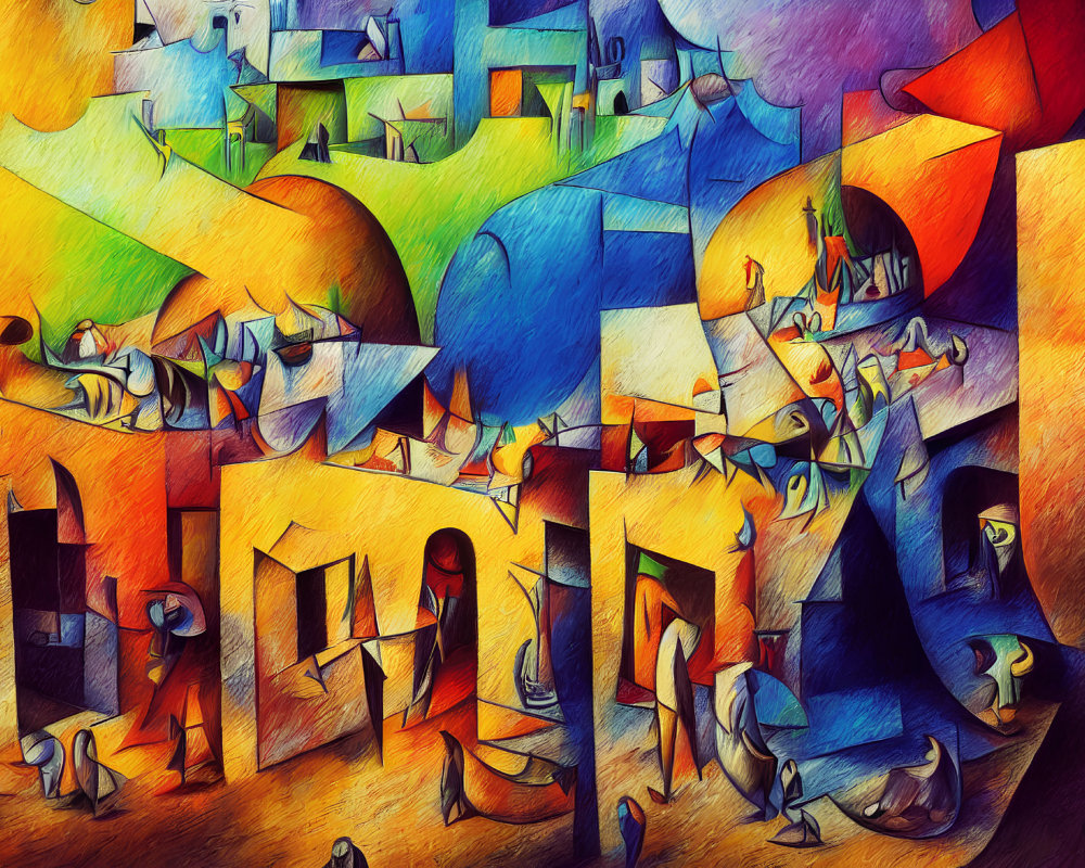 Colorful Cubist Painting with Interlocking Shapes and Fish-Like Figures