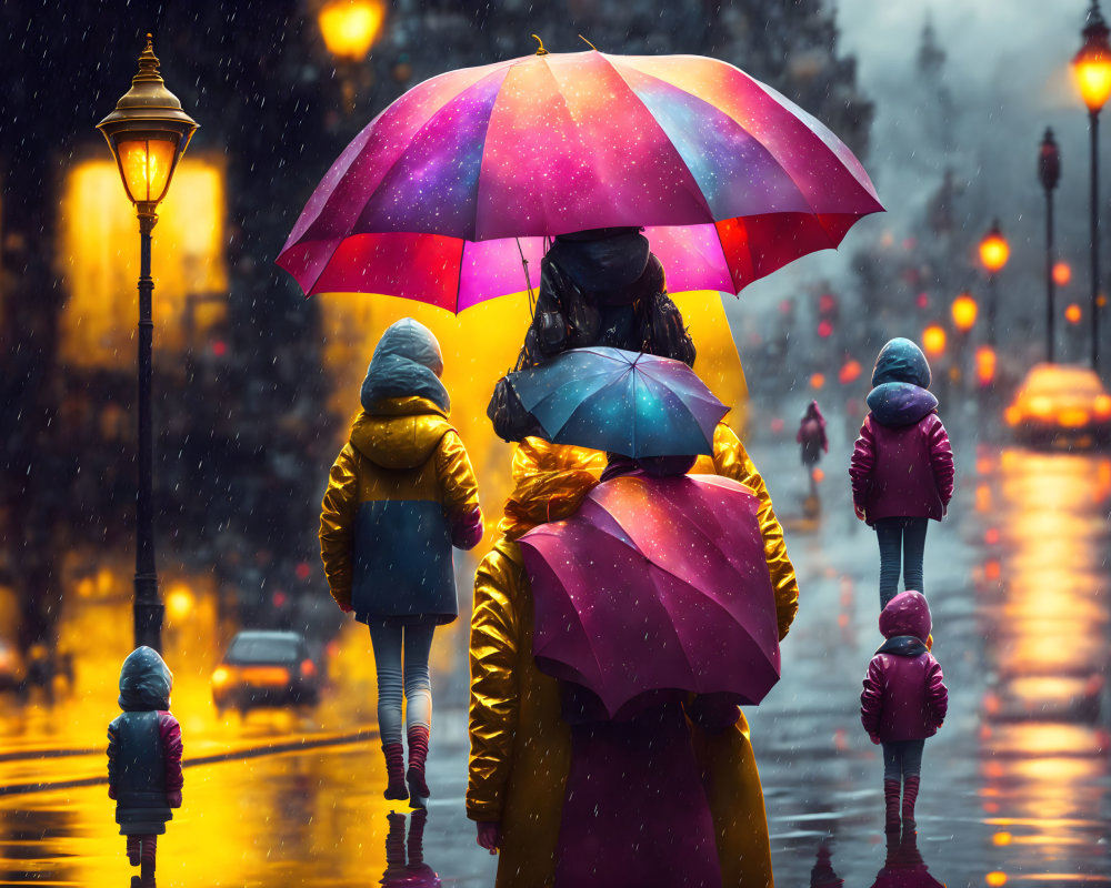 Colorful Umbrella Group Walking on Wet Street in Rainy Twilight